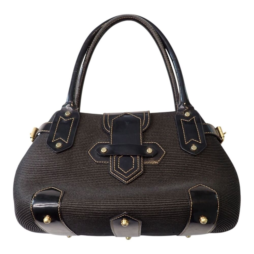 Eric Javits Black Squishee Patent Leather Straw Satchel Bag Purse Handbag Red